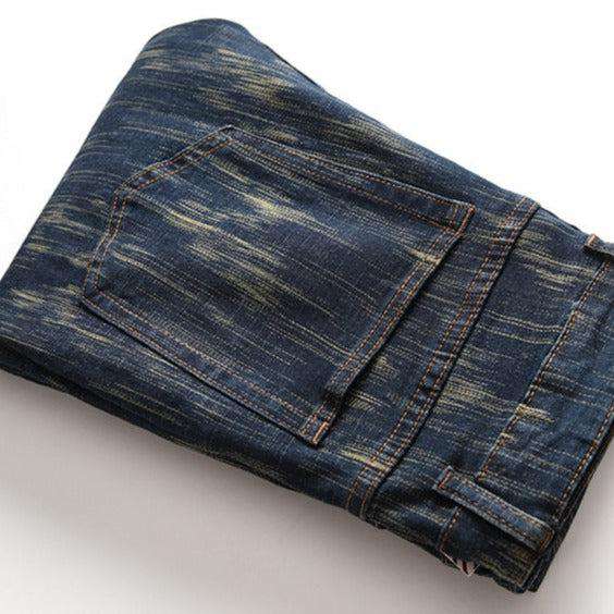 Dark blue painted biker jeans