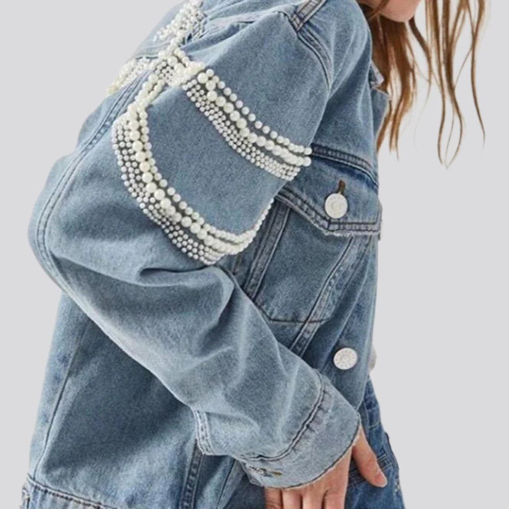 Pearl embellished boho denim jacket