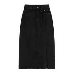 Black slit long denim skirt