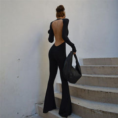 Yummy Mummy Backless Long Sleeve Flare Leg Jumpsuit