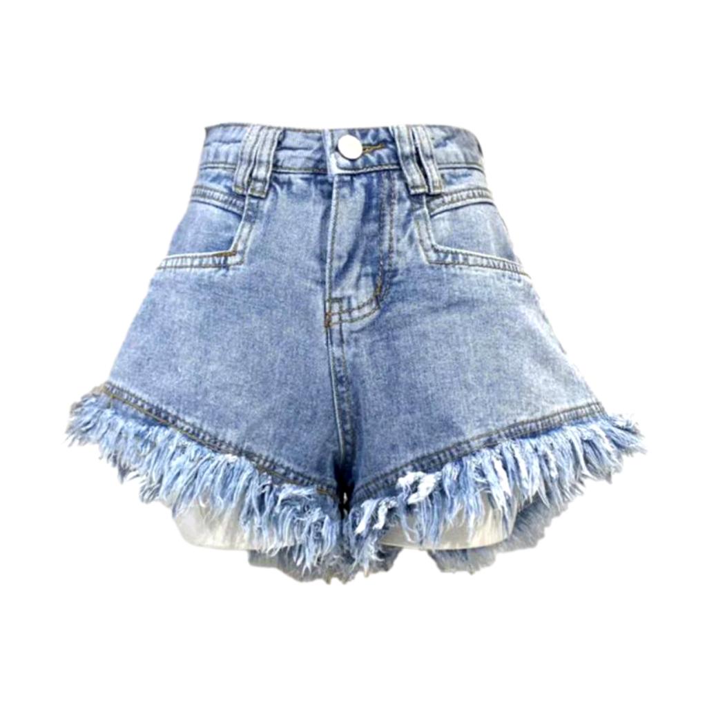 Wide-hem distressed denim shorts