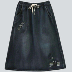 Dark vintage embroidered denim skirt