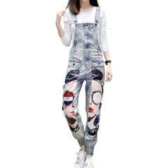 Graffiti face print denim jumpsuit