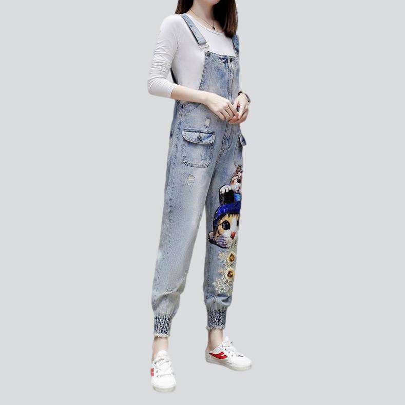 Cats embroidery women denim jumpsuit