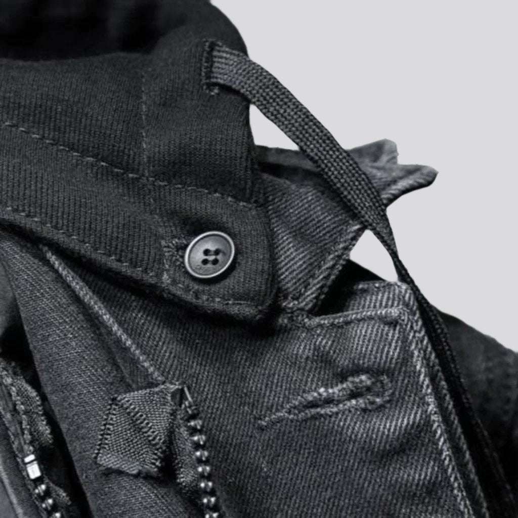 Hooded, ripped, black, thick, buttoned, men jacket