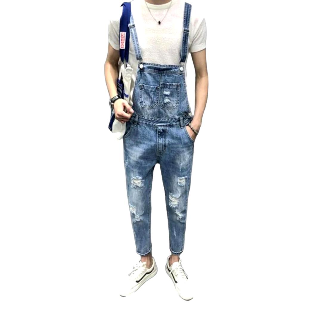 Distressed slim men denim jumpsuit