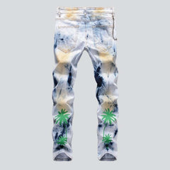 Green palm-painted men jeans