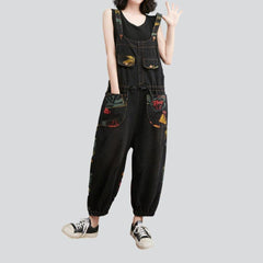 Women denim overall with drawstrings