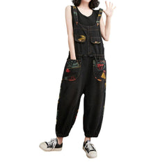 Women denim overall with drawstrings