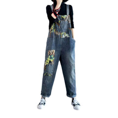 Printed vintage women denim jumpsuit