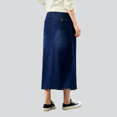 Pleated waistline long denim skirt