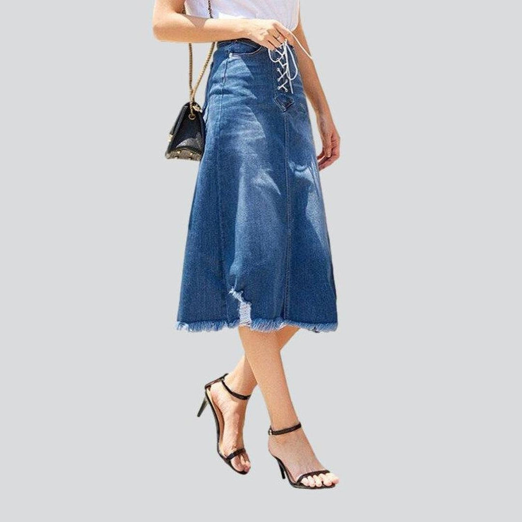 Distressed hem midi denim skirt