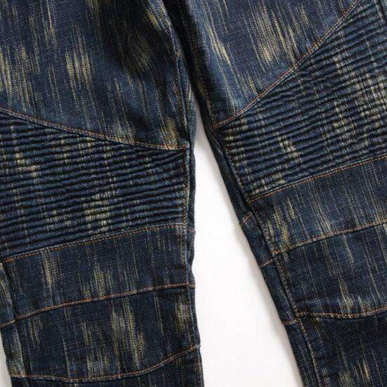 Dark blue painted biker jeans