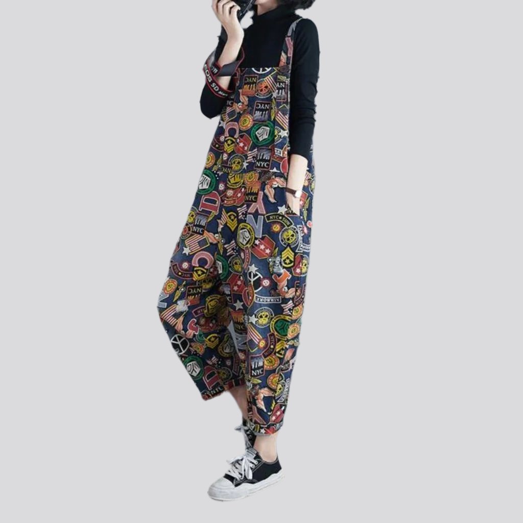 Cartoon print denim jumpsuit for women