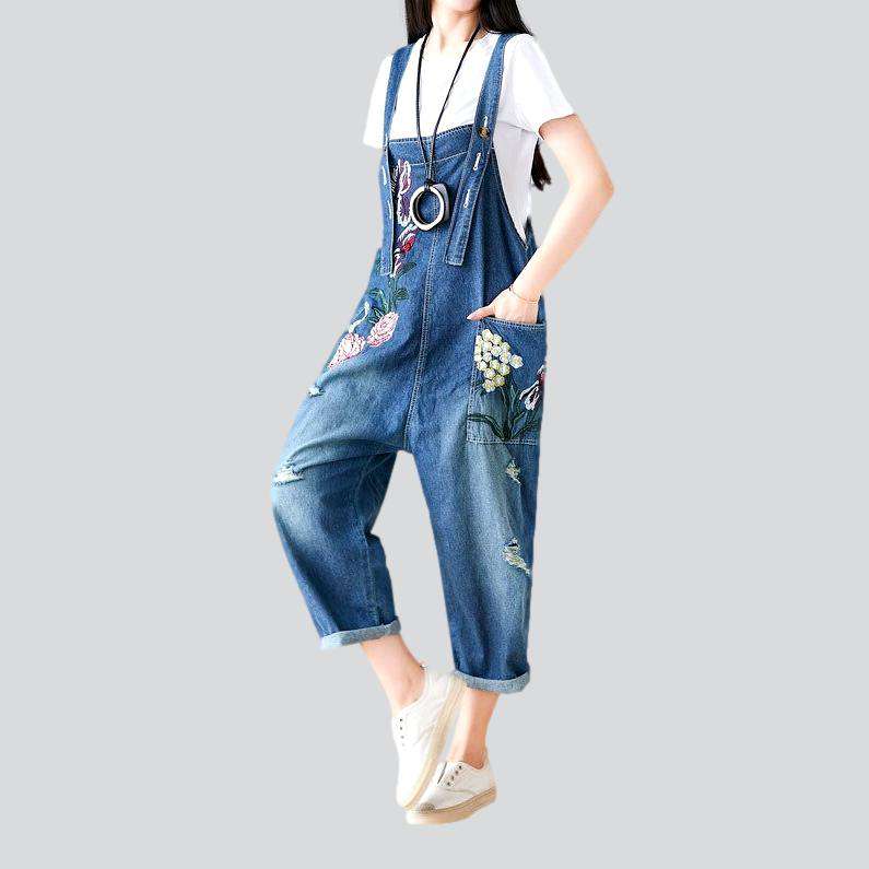 Flower embroidery women denim jumpsuit