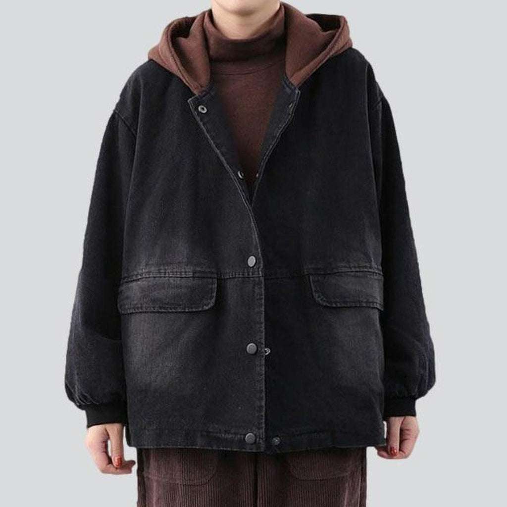 Denim bomber with brown hood