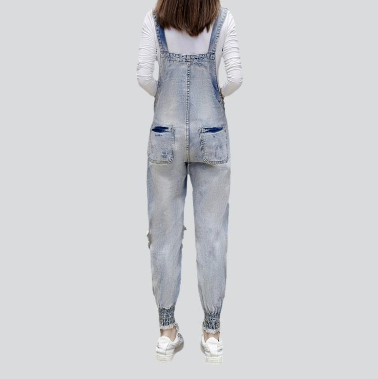 Women head embroidery denim jumpsuit