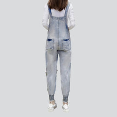 Women head embroidery denim jumpsuit