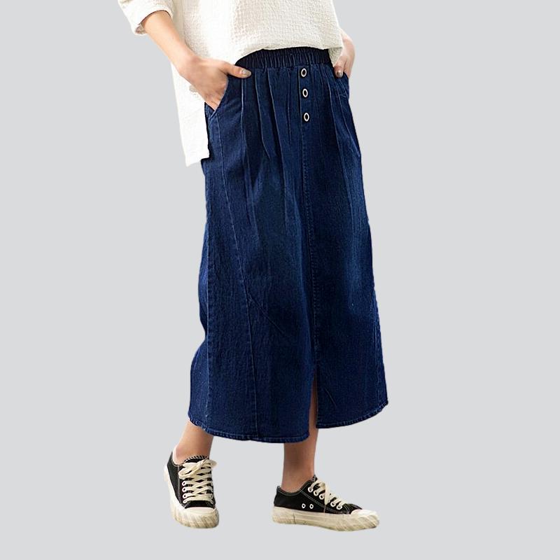 Pleated waistline long denim skirt