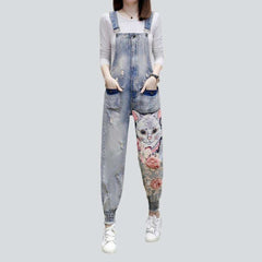 Cat embroidery women denim jumpsuit