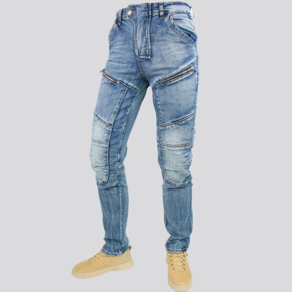 Knee-pads mid-waist men riding jeans