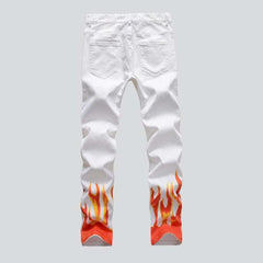 Flame-painted white men jeans