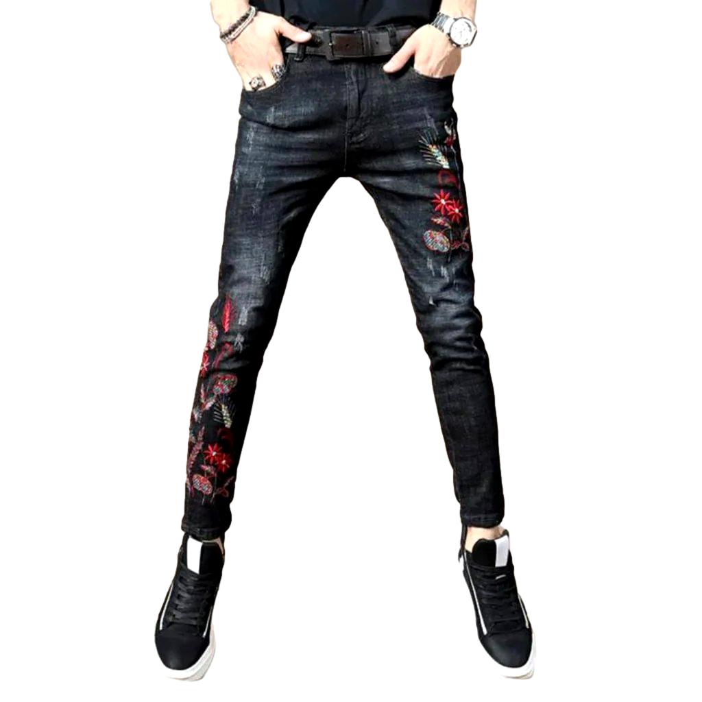 Red embroidery skinny men jeans