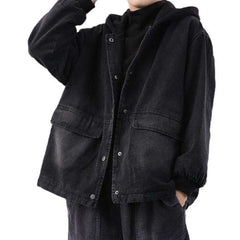 Denim bomber with black hood