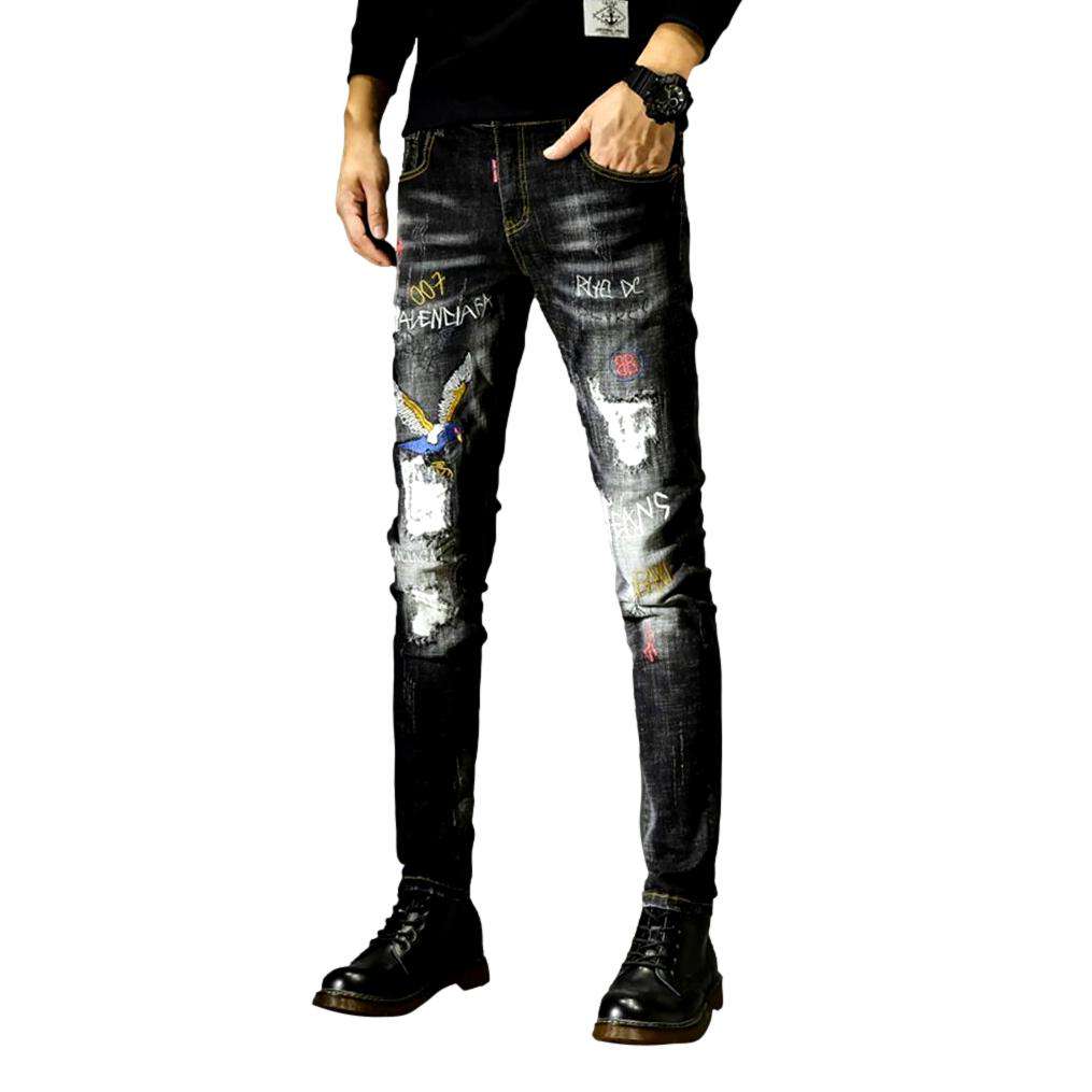 Embroidered vintage black men jeans