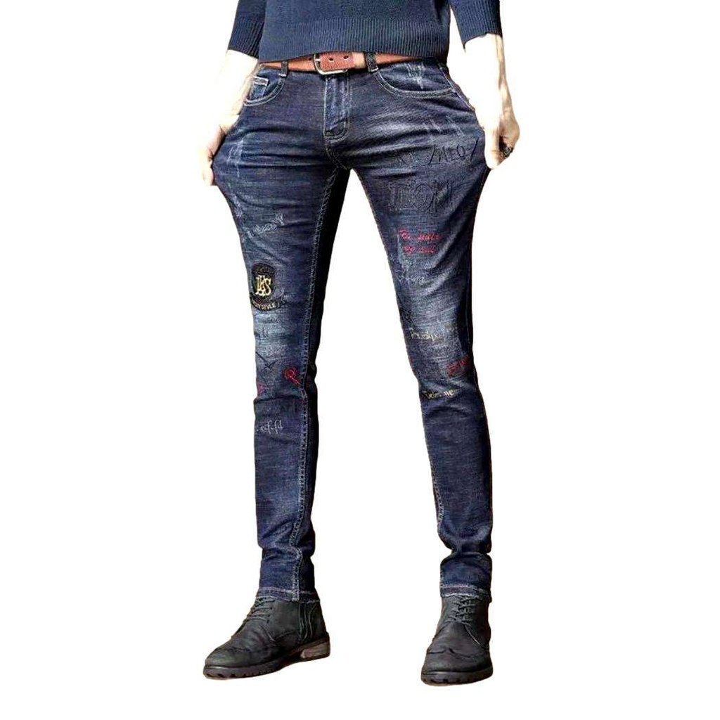 Embroidered ground navy men jeans