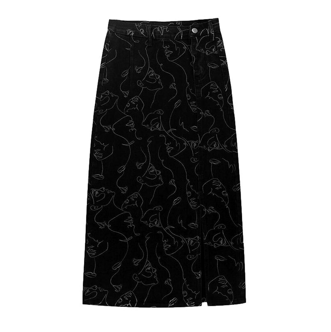 Ornament print long denim skirt