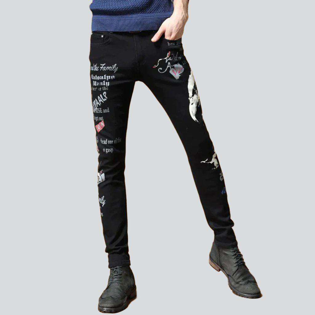 Embroidered black elastic men jeans