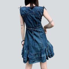 Embroidered frills mini denim dress