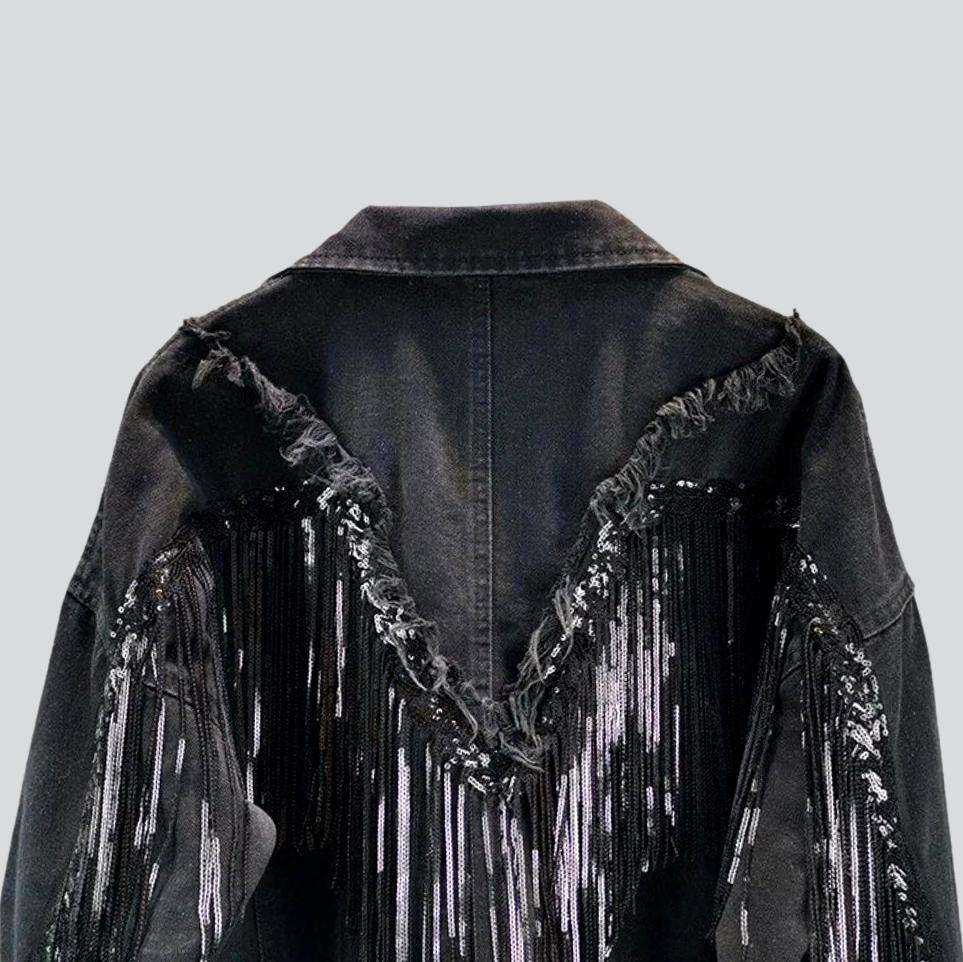 Oversized fringe denim jacket for women