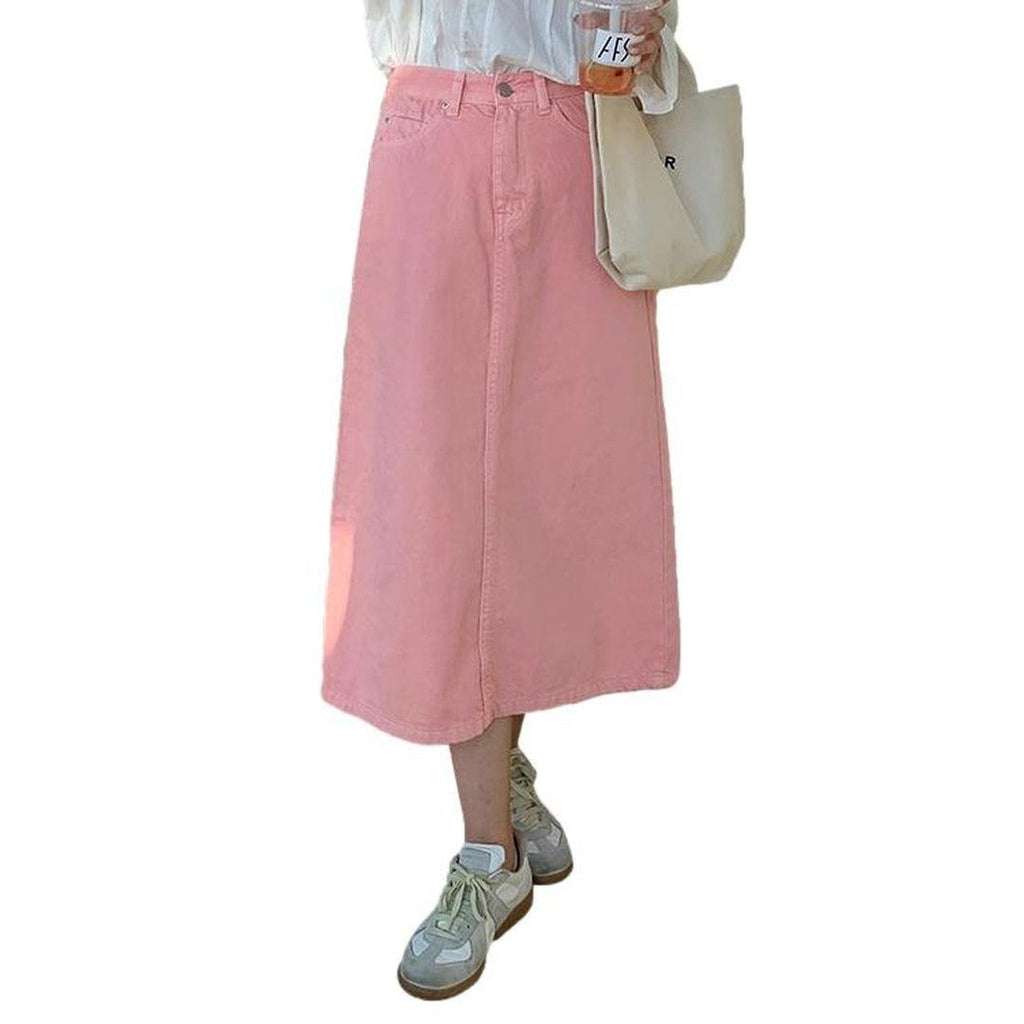 A-line pink long denim skirt