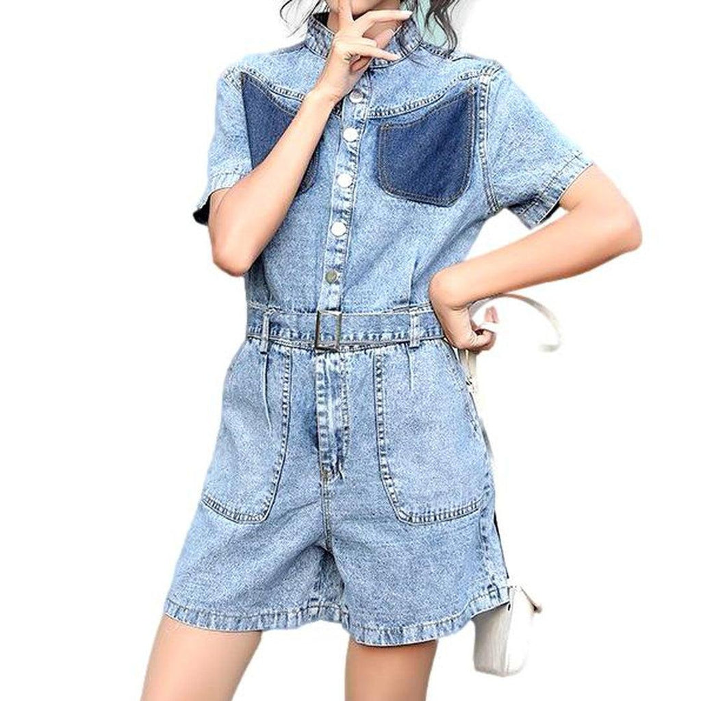 Patchwork chest women denim romper