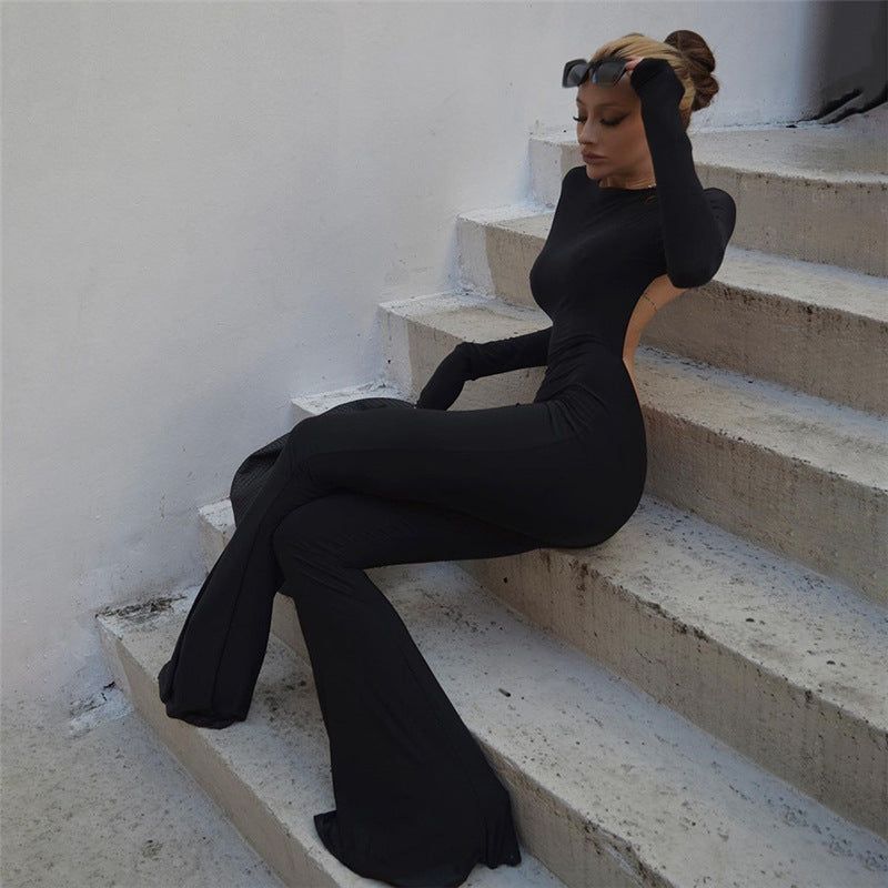 Yummy Mummy Backless Long Sleeve Flare Leg Jumpsuit