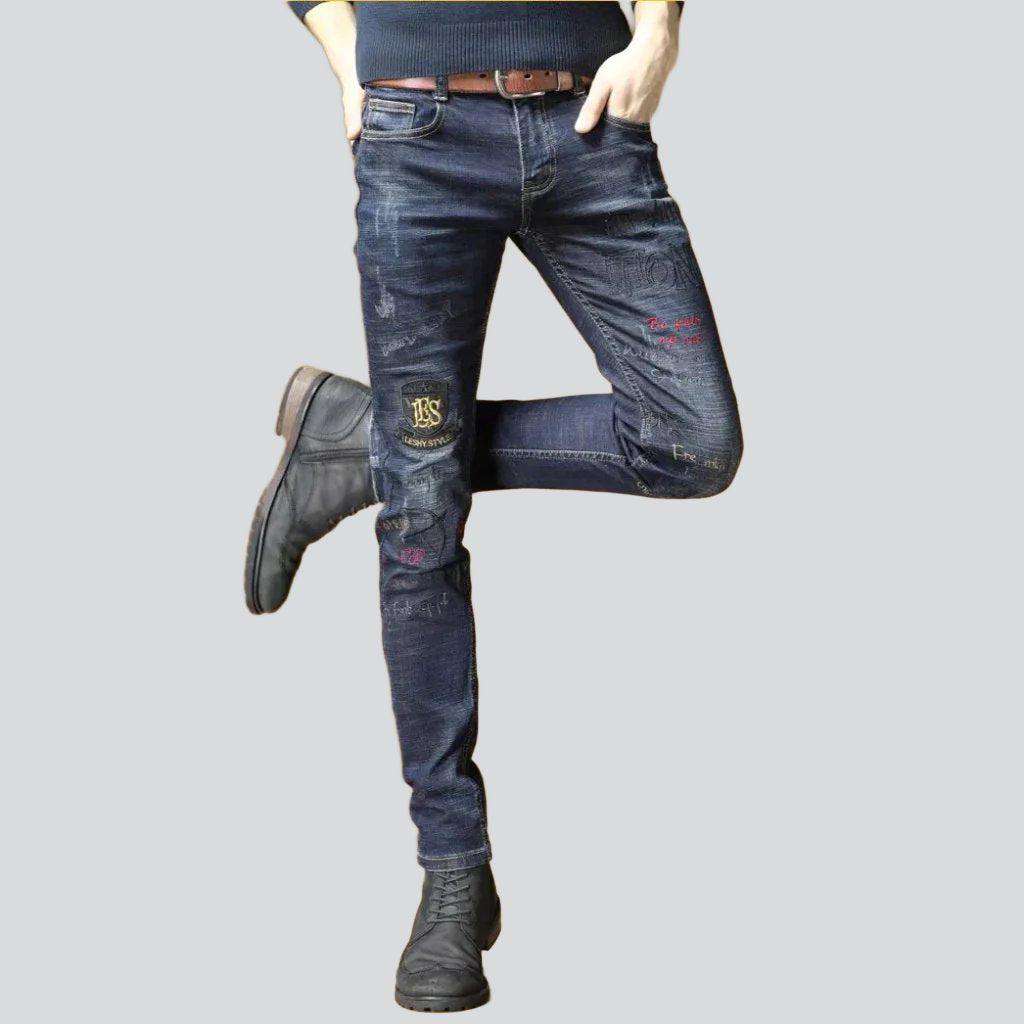 Embroidered ground navy men jeans