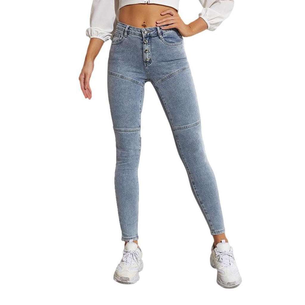 Exposed button skinny women jeans