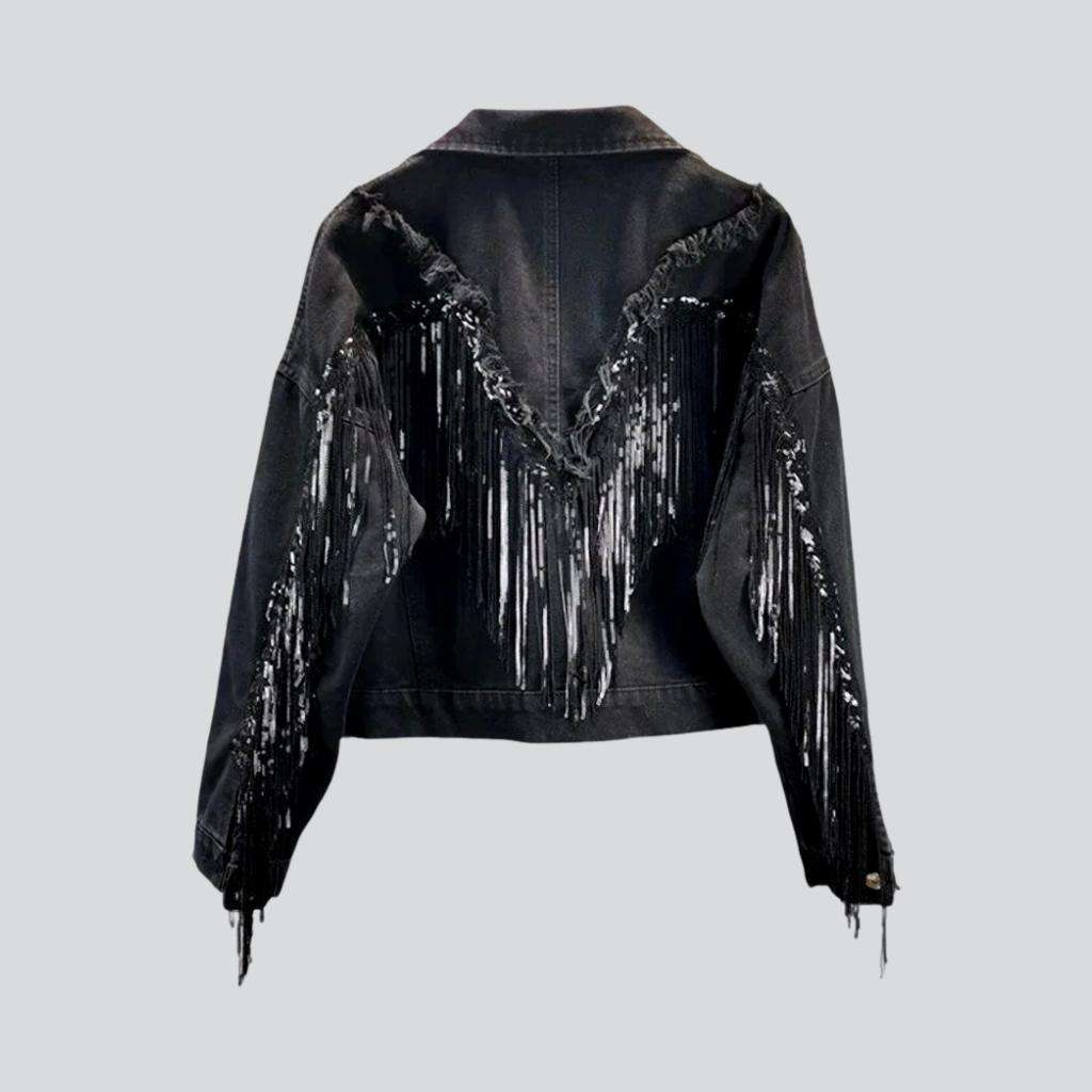 Oversized fringe denim jacket for women