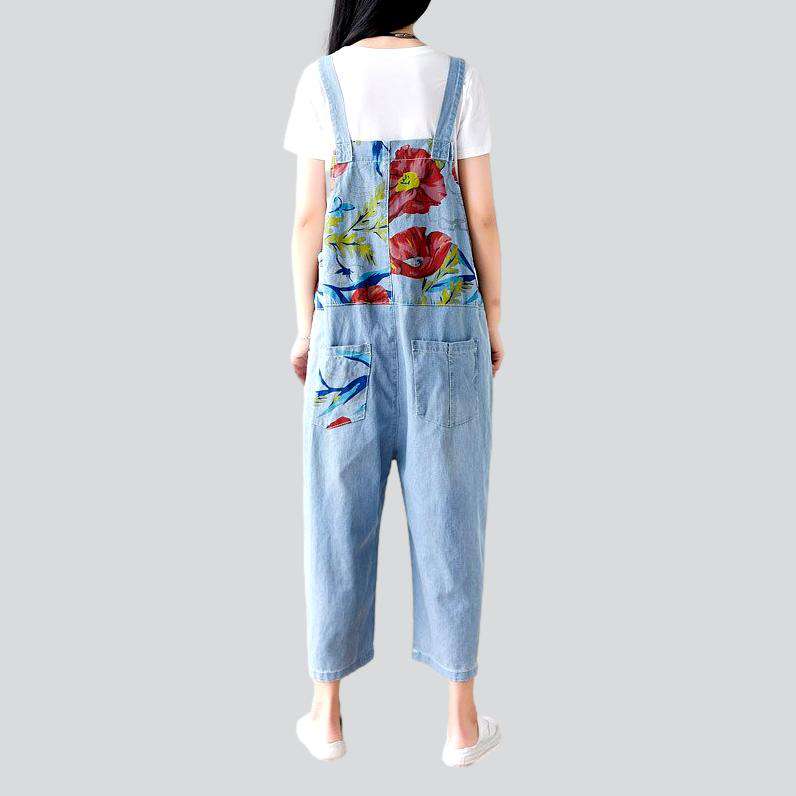 Flower print light denim dungaree