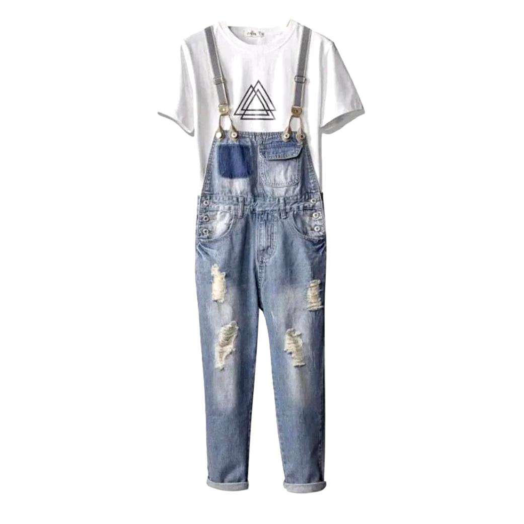 Distressed loose men denim jumpsuit