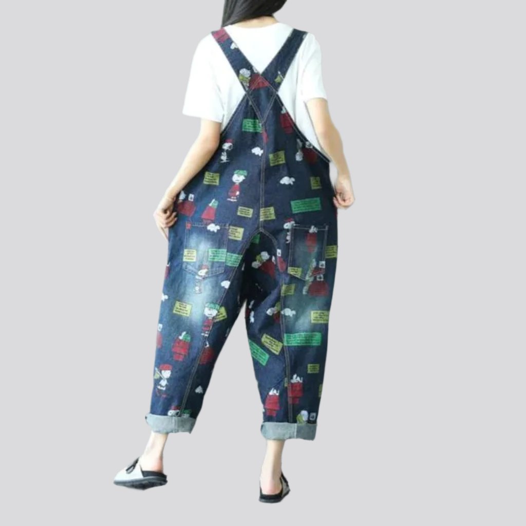 Baggy cartoon print denim jumpsuit for women