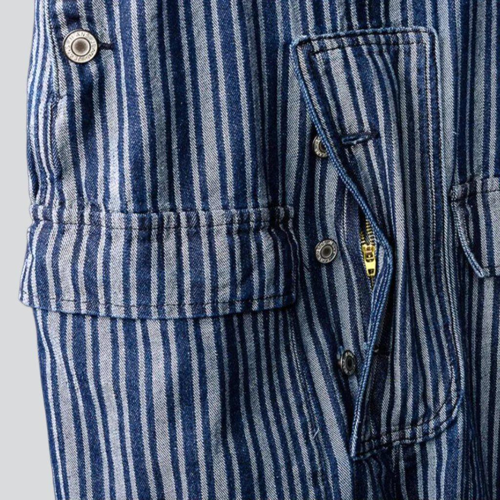 Stripes print cargo denim jumpsuit