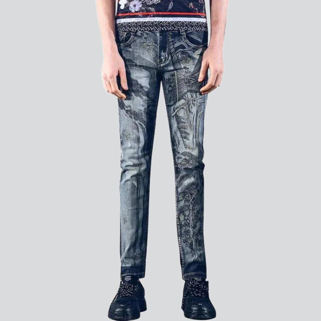 Vintage painting print men jeans