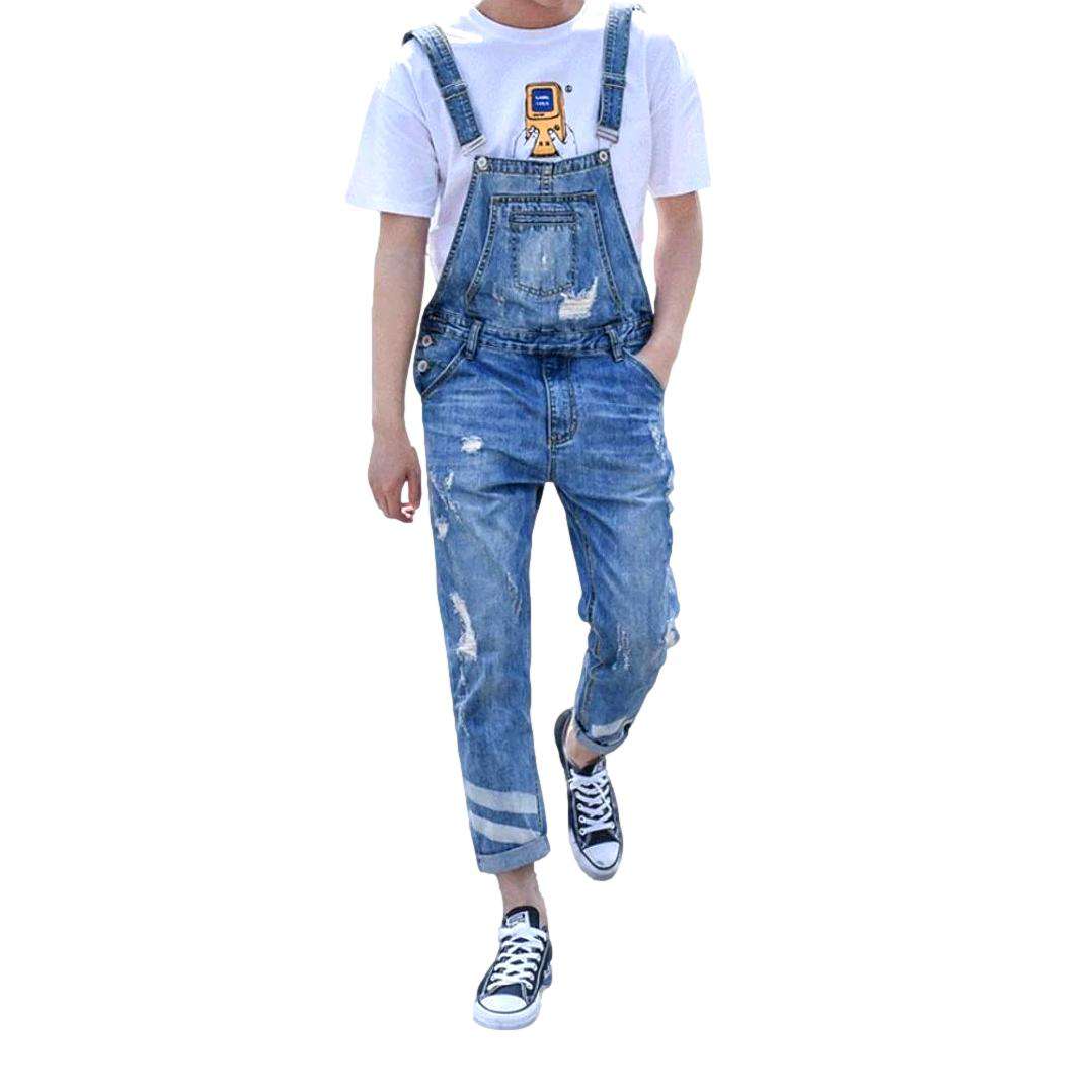 Distressed painted men denim jumpsuit