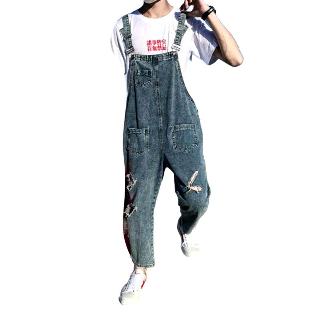 Distressed leg men denim jumpsuit