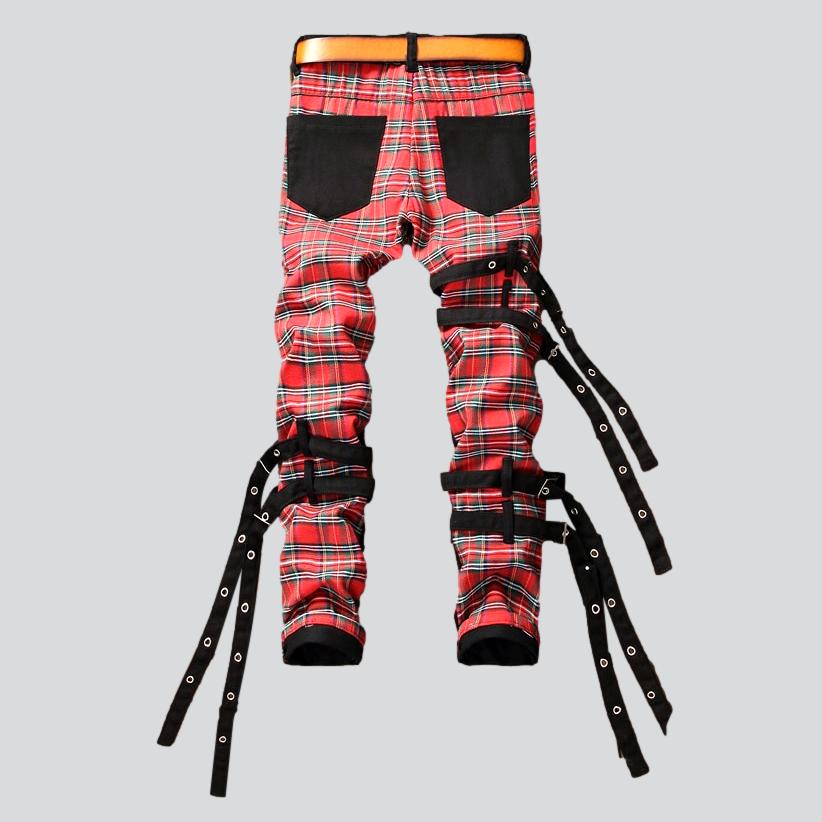 Red checkered patchwork men jeans