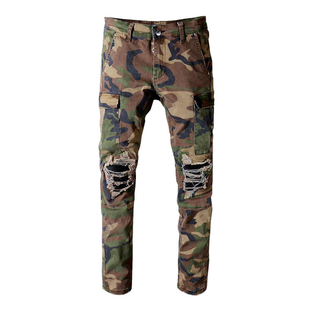 Camouflage-printed distressed men jeans