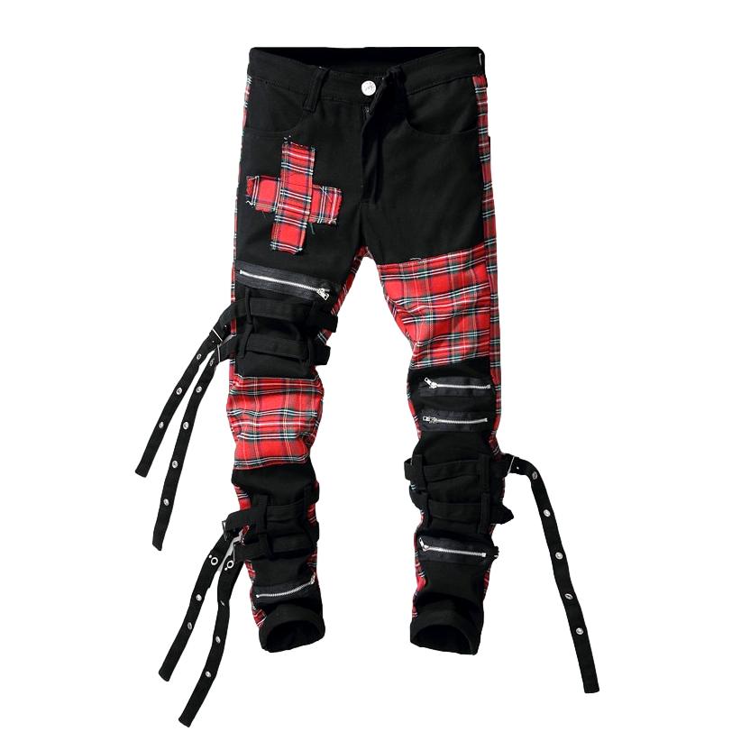 Red checkered patchwork men jeans